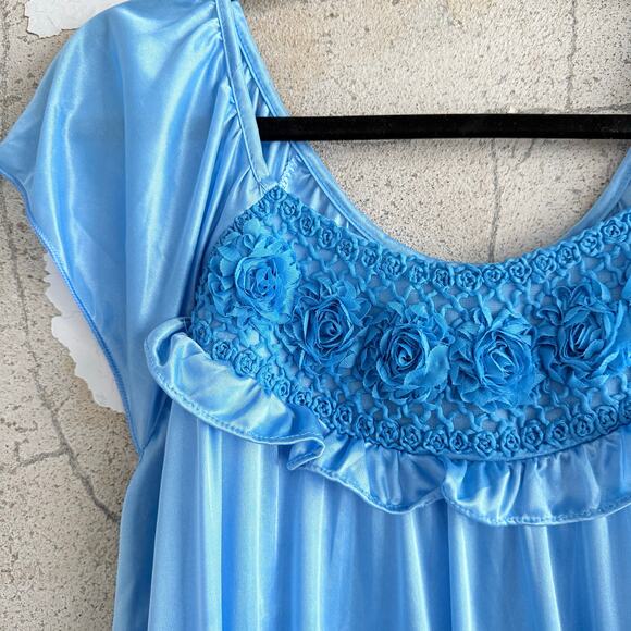 Satin Nightgown Long Lounge Dress Light Blue Rosette Ruffle Womens L Grandmacore - Picture 3 of 8
